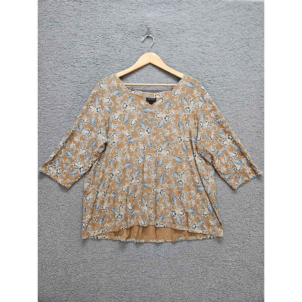 J. Jill Wearever Top XL Tan Floral 3/4 Sleeve Boho Pleated Back V-Neck Blouse